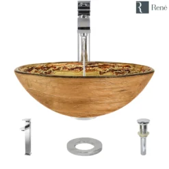 Rene 17" Round Glass Bathroom Sink, Golden and auburn, with Faucet, R5-5029-R9-7003-C