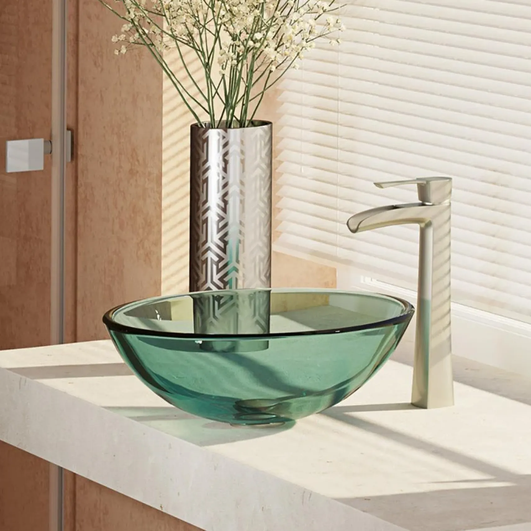 Rene 17" Round Glass Bathroom Sink, Ivy, with Faucet, R5-5001-IVY-R9-7007-BN