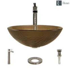 Rene 17" Round Glass Bathroom Sink, Beach Sand, with Faucet, R5-5025-R9-7007-BN