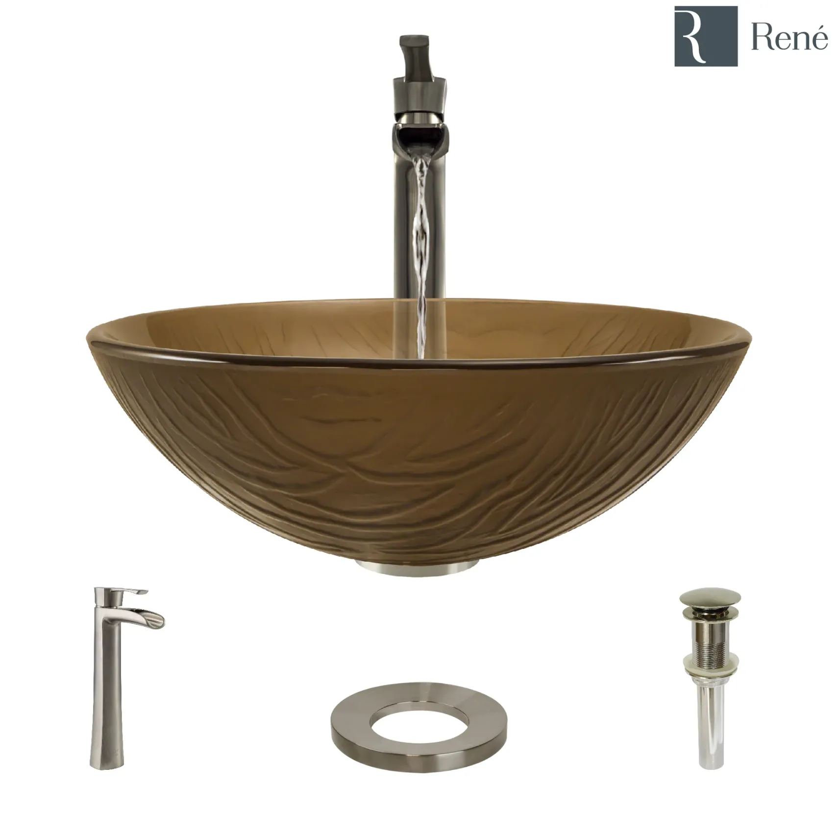 Rene 17" Round Glass Bathroom Sink, Beach Sand, with Faucet, R5-5025-R9-7007-BN