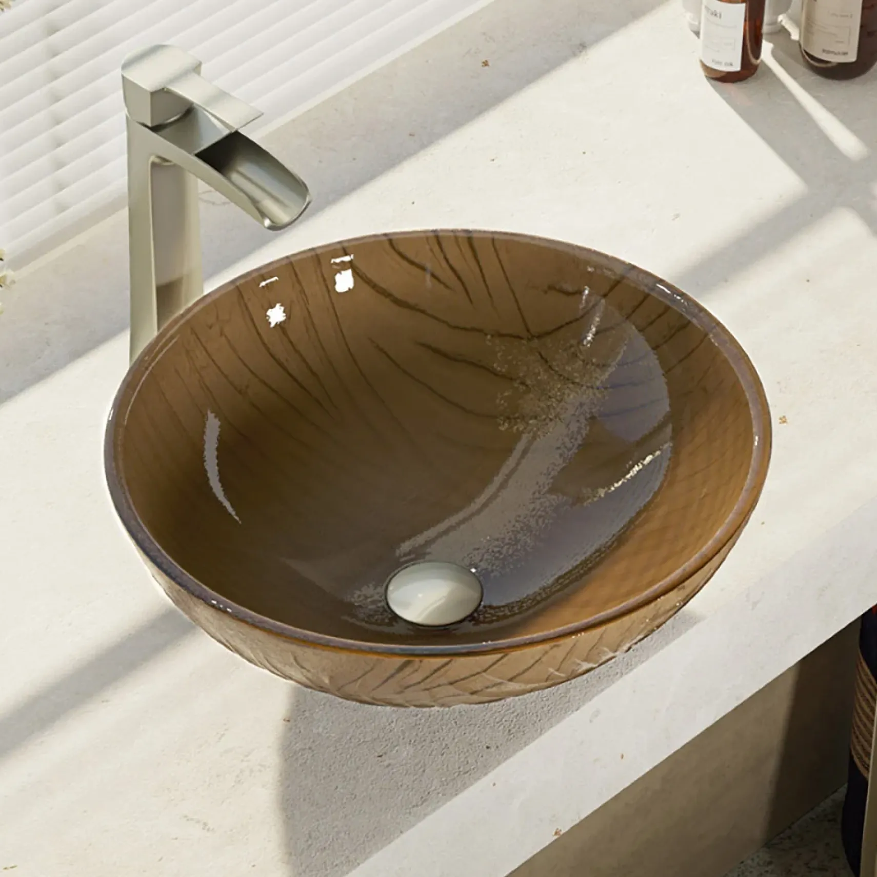 Rene 17" Round Glass Bathroom Sink, Beach Sand, with Faucet, R5-5025-R9-7007-BN