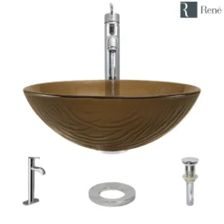 Rene 17" Round Glass Bathroom Sink, Beach Sand, with Faucet, R5-5025-R9-7001-C