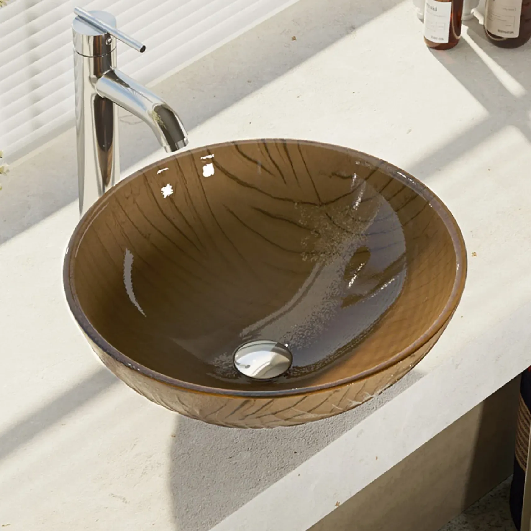 Rene 17" Round Glass Bathroom Sink, Beach Sand, with Faucet, R5-5025-R9-7001-C
