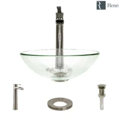 Rene 17" Round Glass Bathroom Sink, Crystal, with Faucet, R5-5001-CRY-R9-7007-BN
