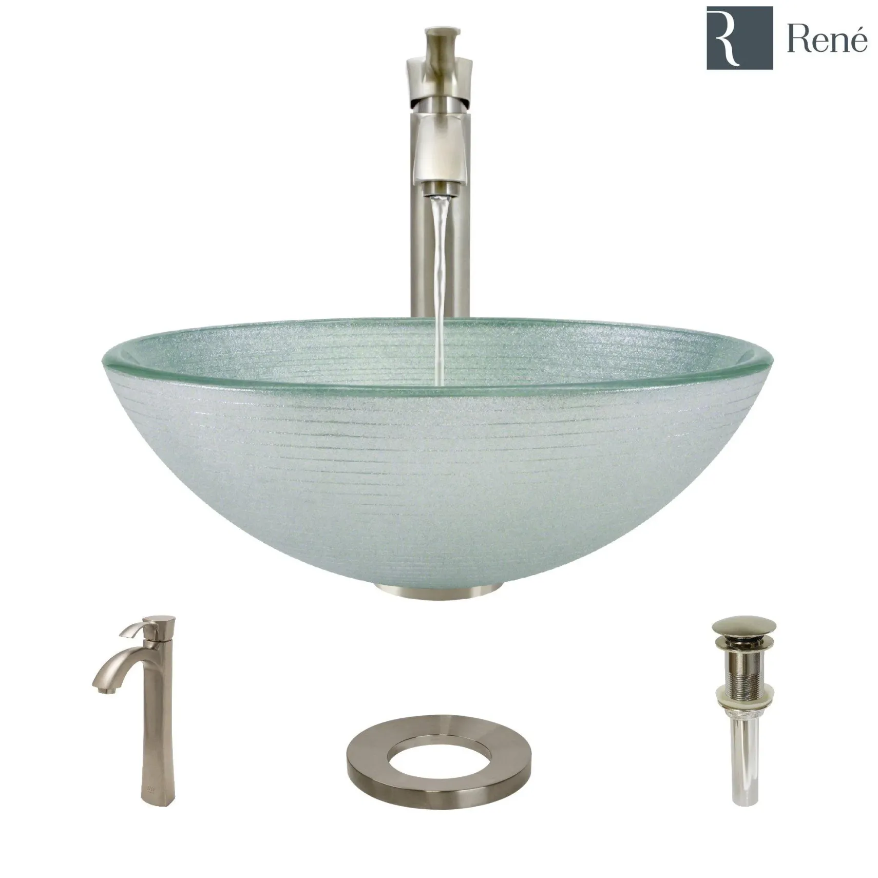 Rene 17" Round Glass Bathroom Sink, Sparkling Silver, with Faucet, R5-5034-R9-7006-BN