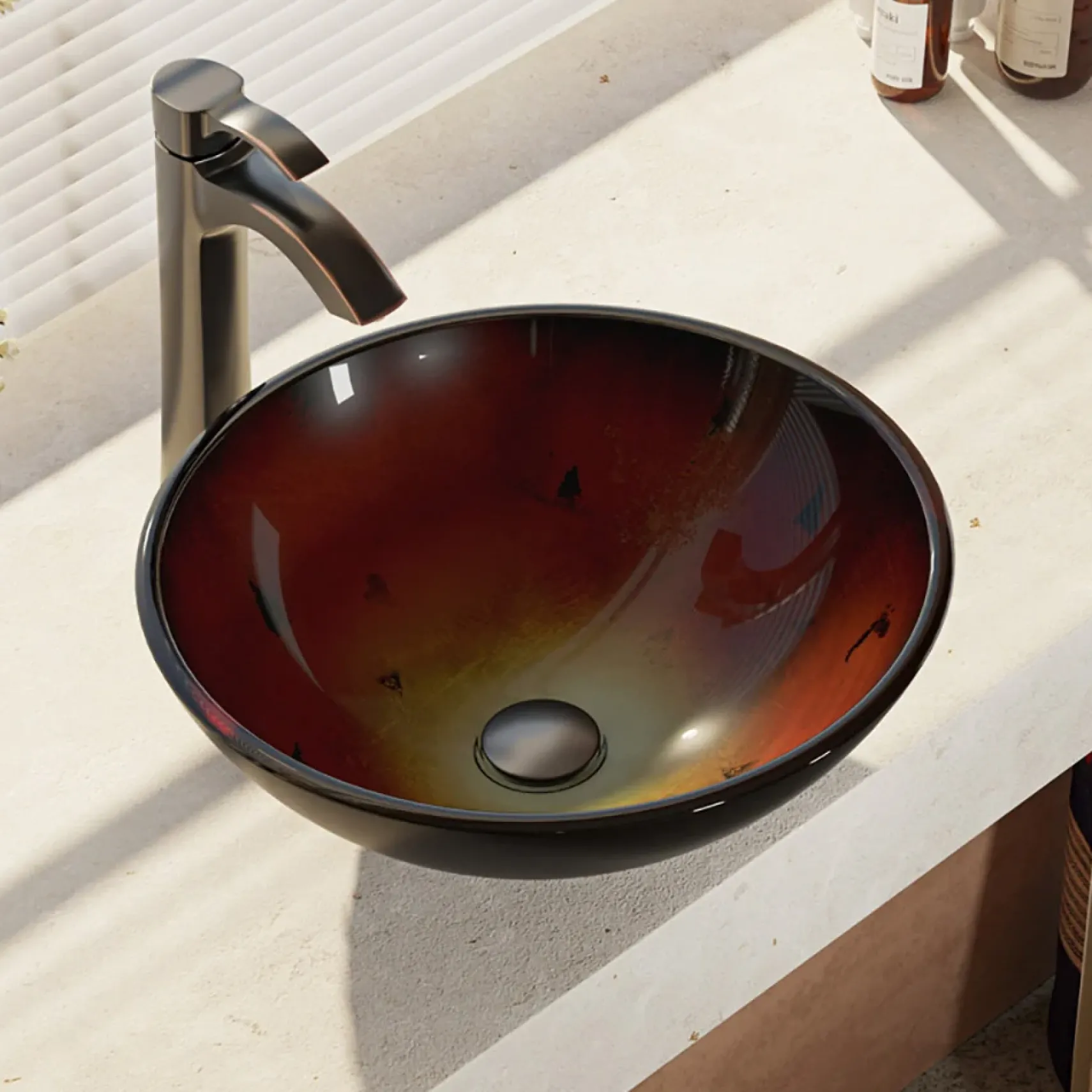 Rene 17" Round Glass Bathroom Sink, Gradient Red, with Faucet, R5-5007-R9-7006-ABR