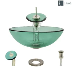 Rene 17" Round Glass Bathroom Sink, Ivy, with Faucet, R5-5001-IVY-WF-BN