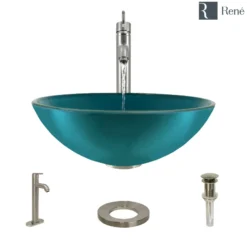 Rene 17" Round Glass Bathroom Sink, Cerulean, with Faucet, R5-5001-CER-R9-7001-BN