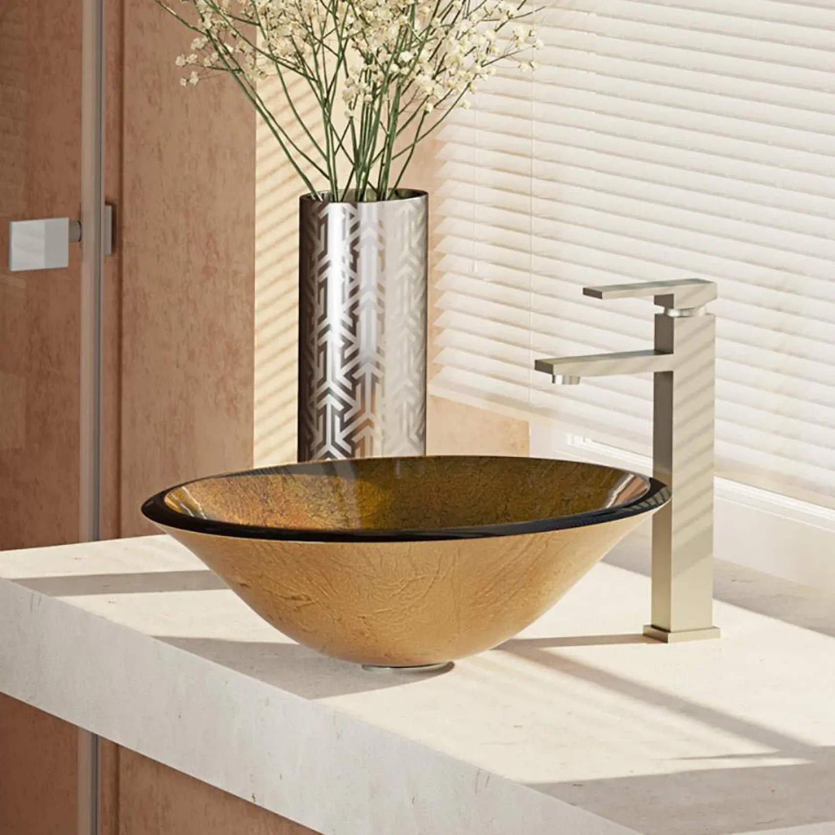Rene 18" Round Glass Bathroom Sink, Orange Gold Foil, with Faucet, R5-5013-R9-7003-BN