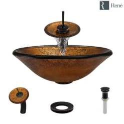 Rene 18" Round Glass Bathroom Sink, Orange Gold Foil, with Faucet, R5-5013-WF-ABR