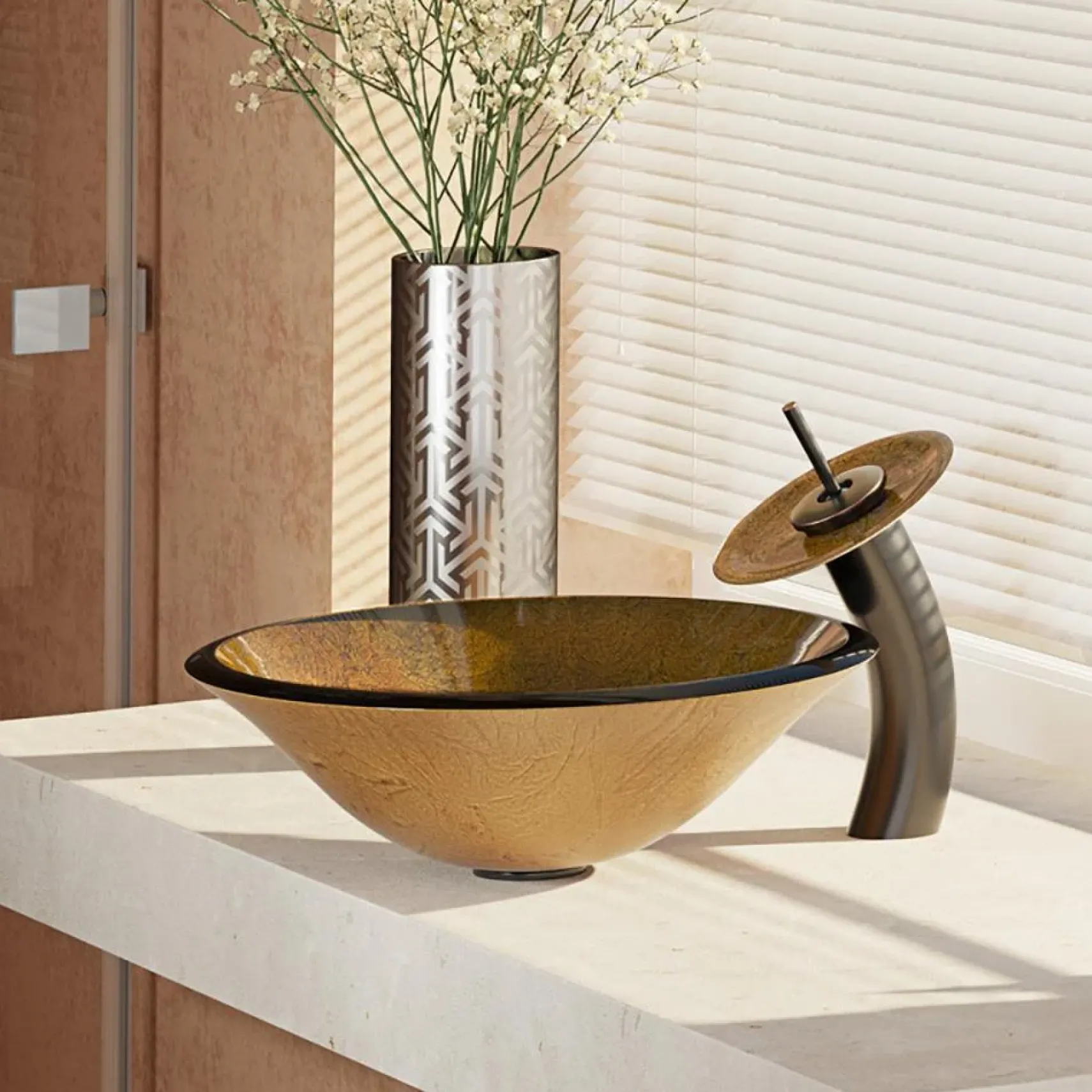 Rene 18" Round Glass Bathroom Sink, Orange Gold Foil, with Faucet, R5-5013-WF-ABR