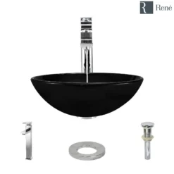Rene 17" Round Glass Bathroom Sink, Noir, with Faucet, R5-5001-NOR-R9-7003-C