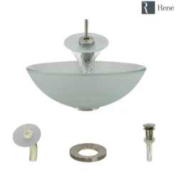Rene 17" Round Glass Bathroom Sink, Frosted, with Faucet, R5-5002-WF-BN