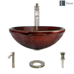 Rene 17" Round Glass Bathroom Sink, Fiery Red, with Faucet, R5-5018-R9-7006-BN