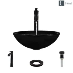 Rene 17" Round Glass Bathroom Sink, Noir, with Faucet, R5-5001-NOR-R9-7006-ABR