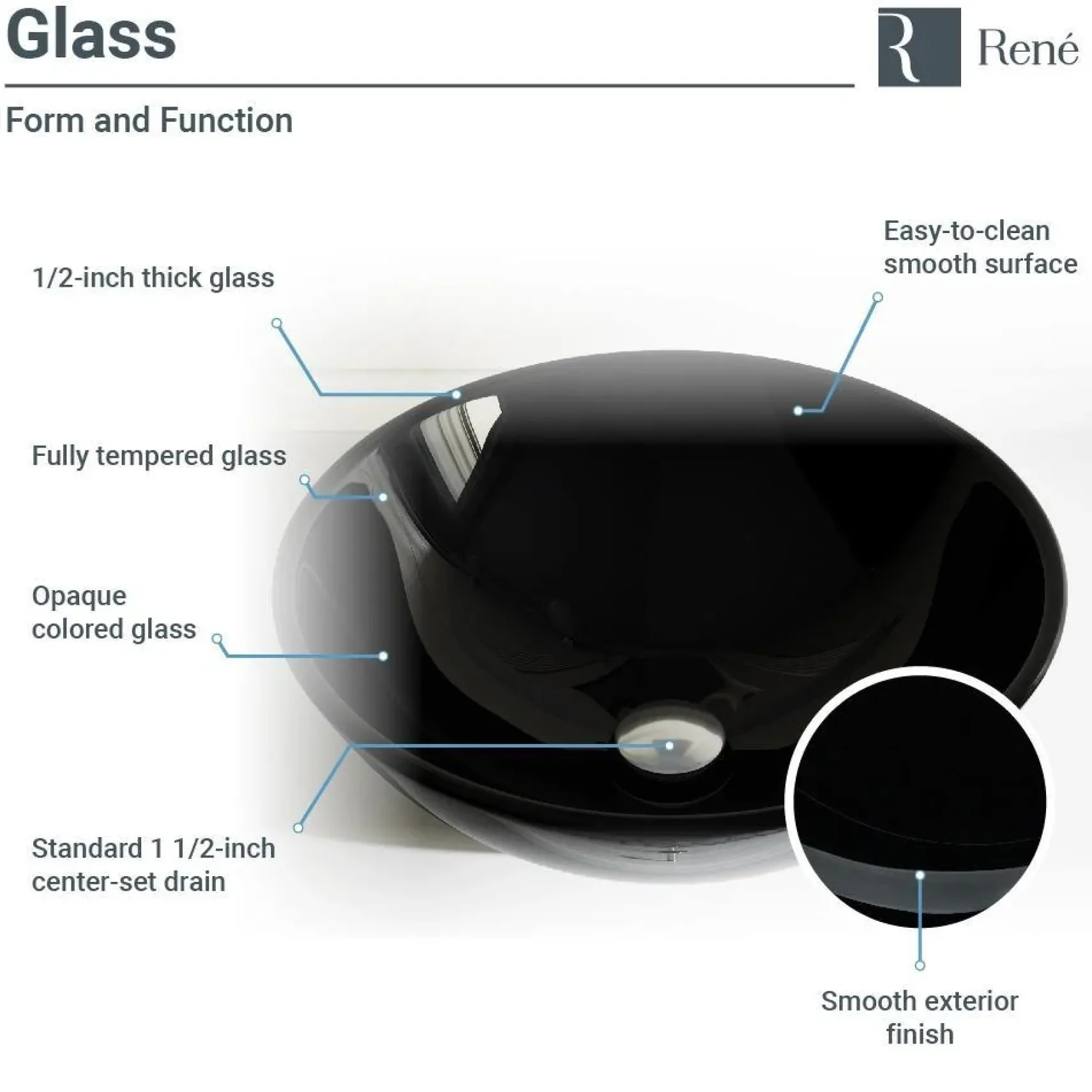Rene 17" Round Glass Bathroom Sink, Noir, with Faucet, R5-5001-NOR-R9-7006-ABR