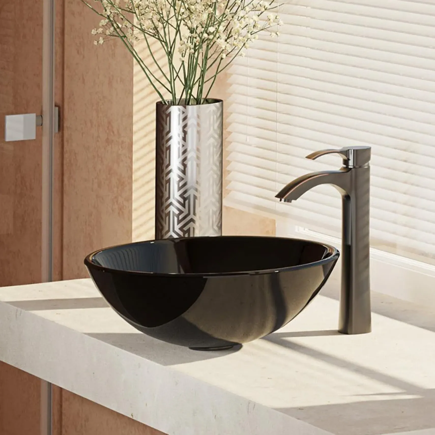 Rene 17" Round Glass Bathroom Sink, Noir, with Faucet, R5-5001-NOR-R9-7006-ABR