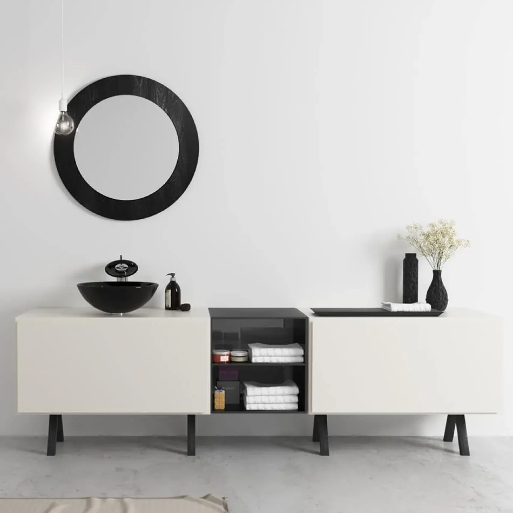 Rene 17" Round Glass Bathroom Sink, Noir, with Faucet, R5-5001-NOR-R9-7006-ABR