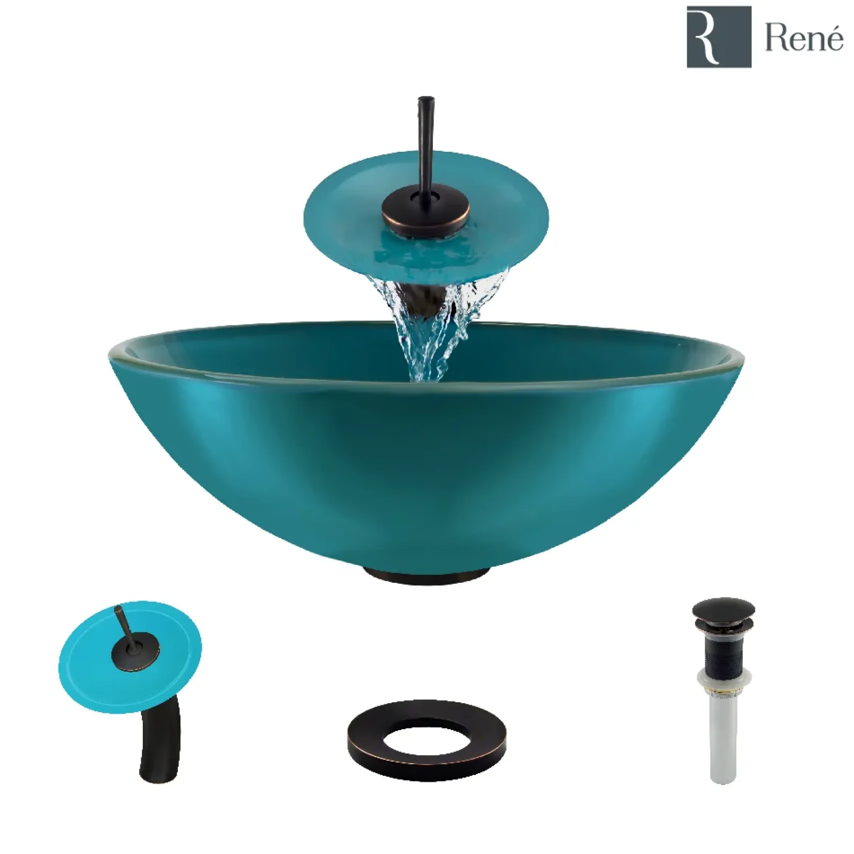 Rene 17" Round Glass Bathroom Sink, Cerulean, with Faucet, R5-5001-CER-WF-ABR
