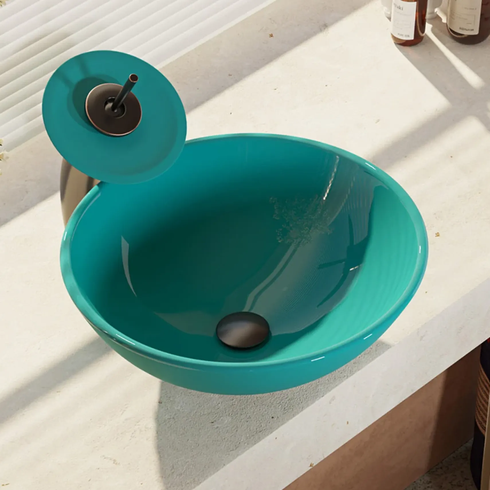 Rene 17" Round Glass Bathroom Sink, Cerulean, with Faucet, R5-5001-CER-WF-ABR