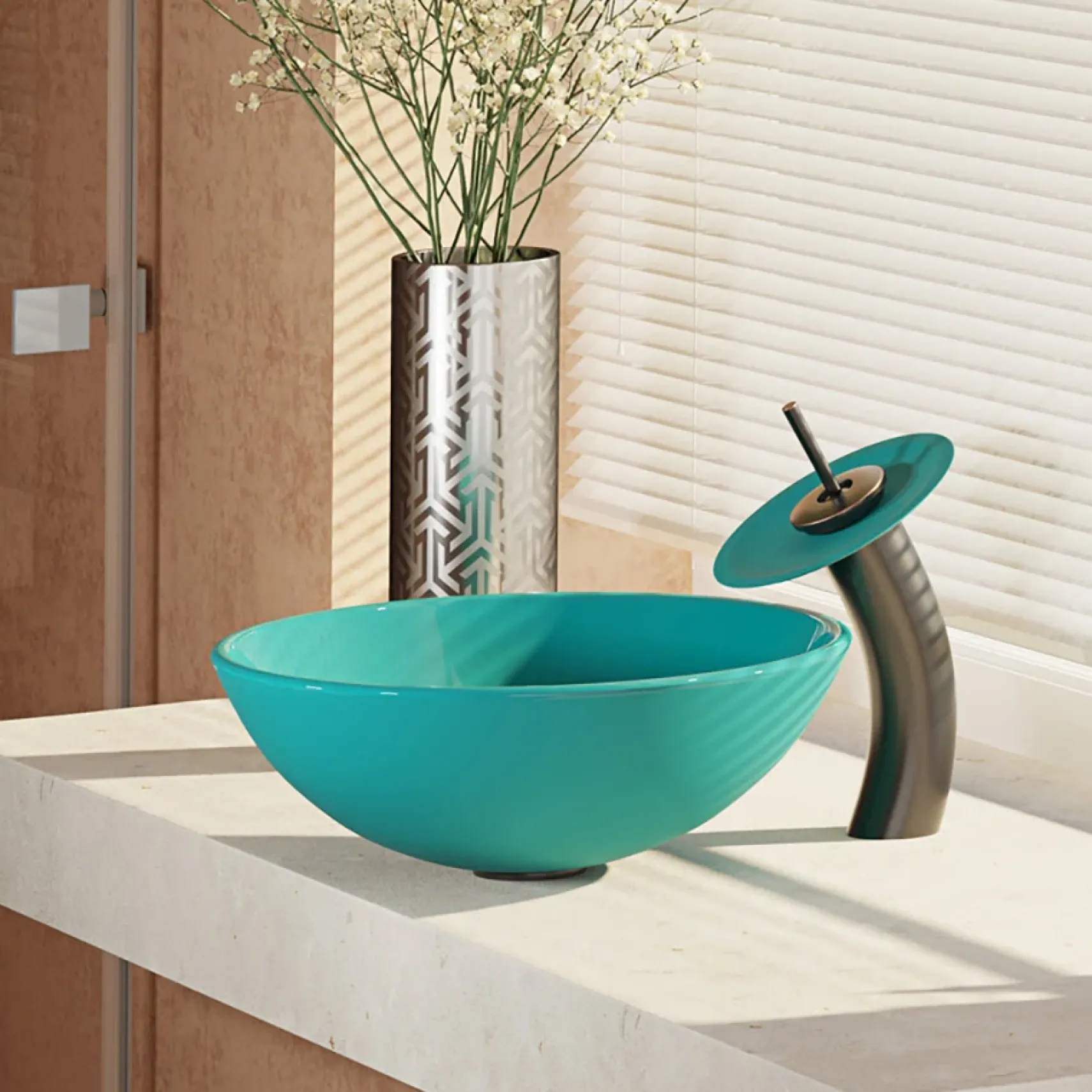 Rene 17" Round Glass Bathroom Sink, Cerulean, with Faucet, R5-5001-CER-WF-ABR