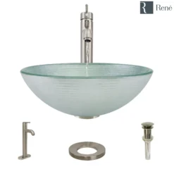 Rene 17" Round Glass Bathroom Sink, Sparkling Silver, with Faucet, R5-5034-R9-7001-BN
