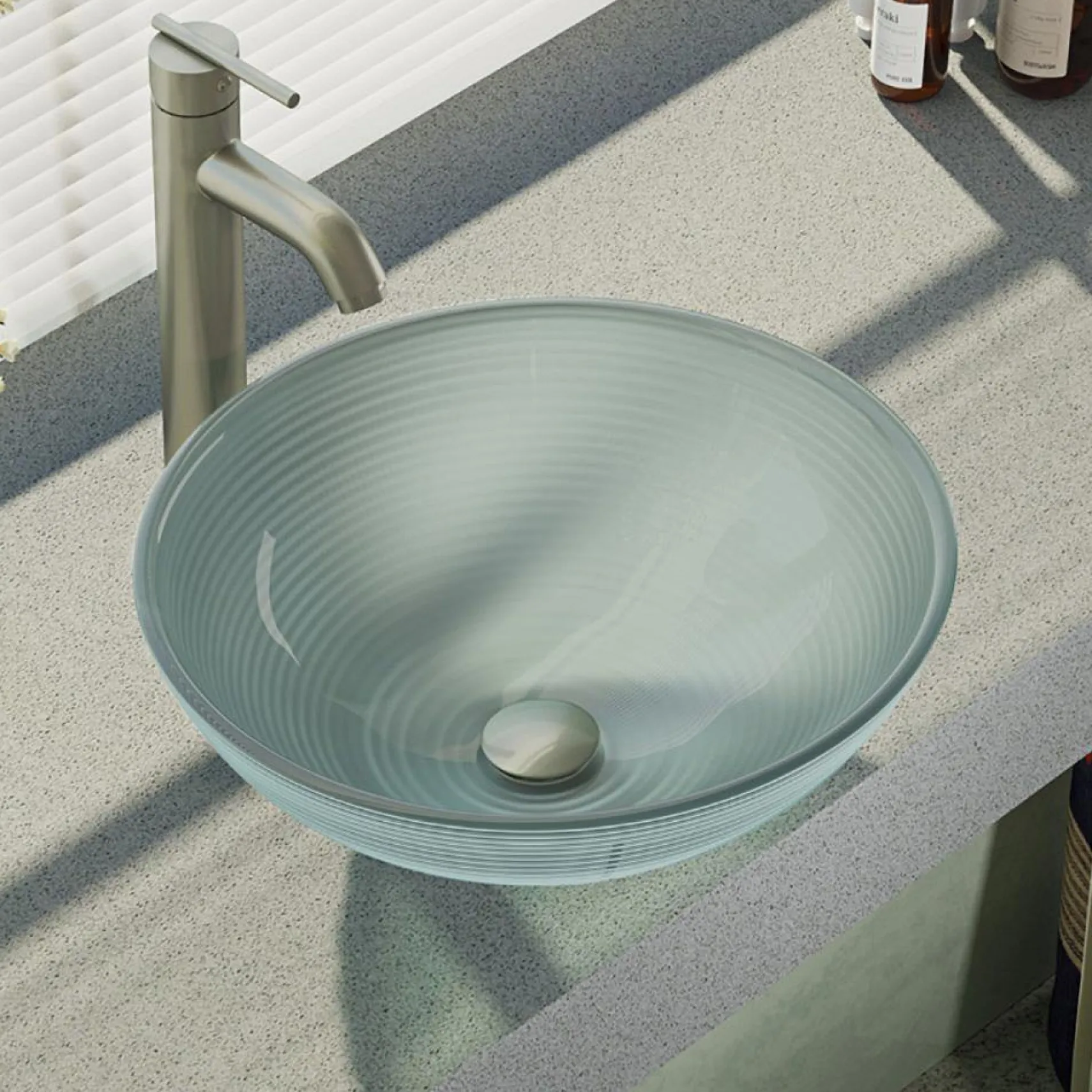 Rene 17" Round Glass Bathroom Sink, Sparkling Silver, with Faucet, R5-5034-R9-7001-BN