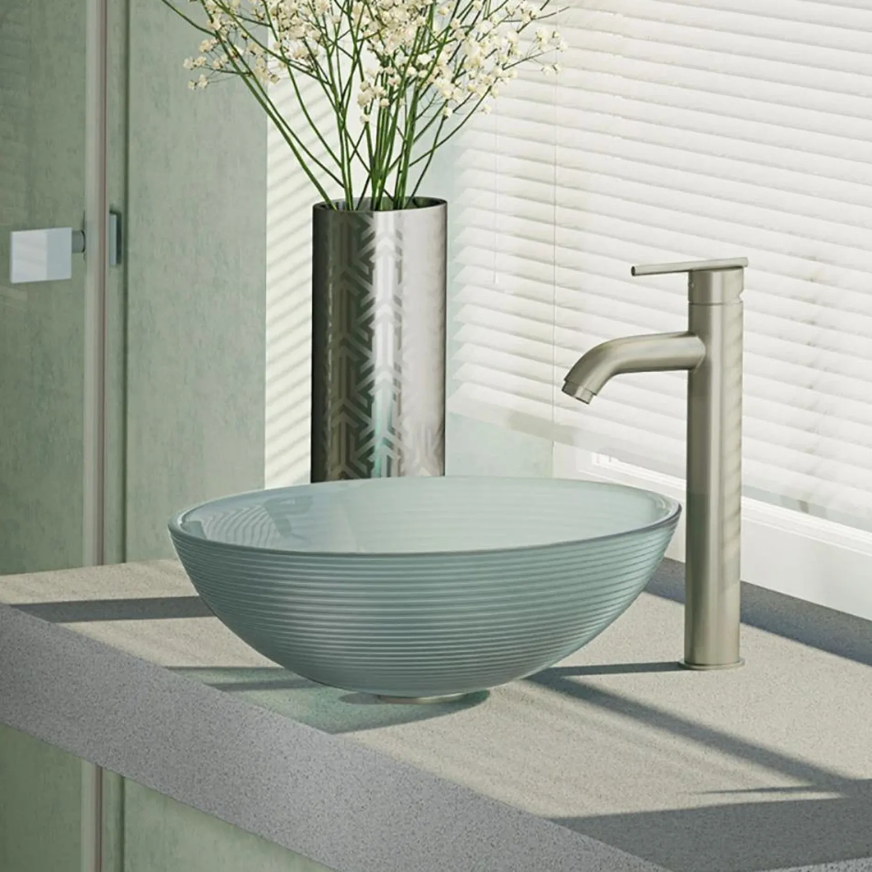 Rene 17" Round Glass Bathroom Sink, Sparkling Silver, with Faucet, R5-5034-R9-7001-BN