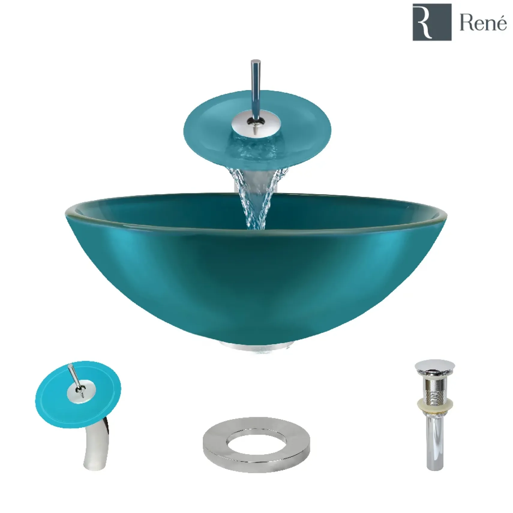 Rene 17" Round Glass Bathroom Sink, Cerulean, with Faucet, R5-5001-CER-WF-C