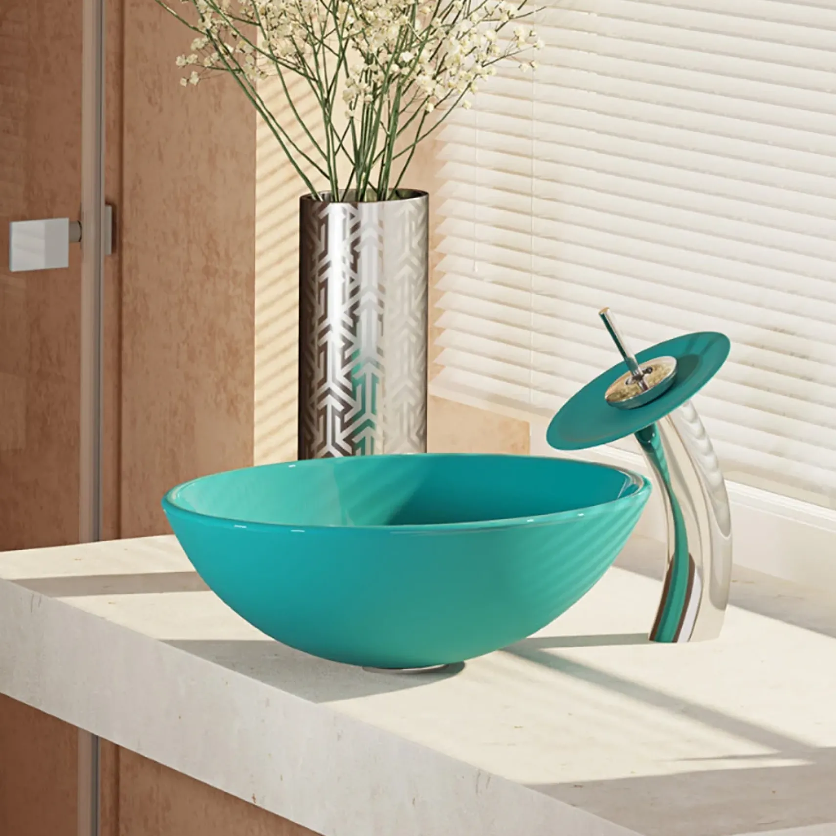 Rene 17" Round Glass Bathroom Sink, Cerulean, with Faucet, R5-5001-CER-WF-C