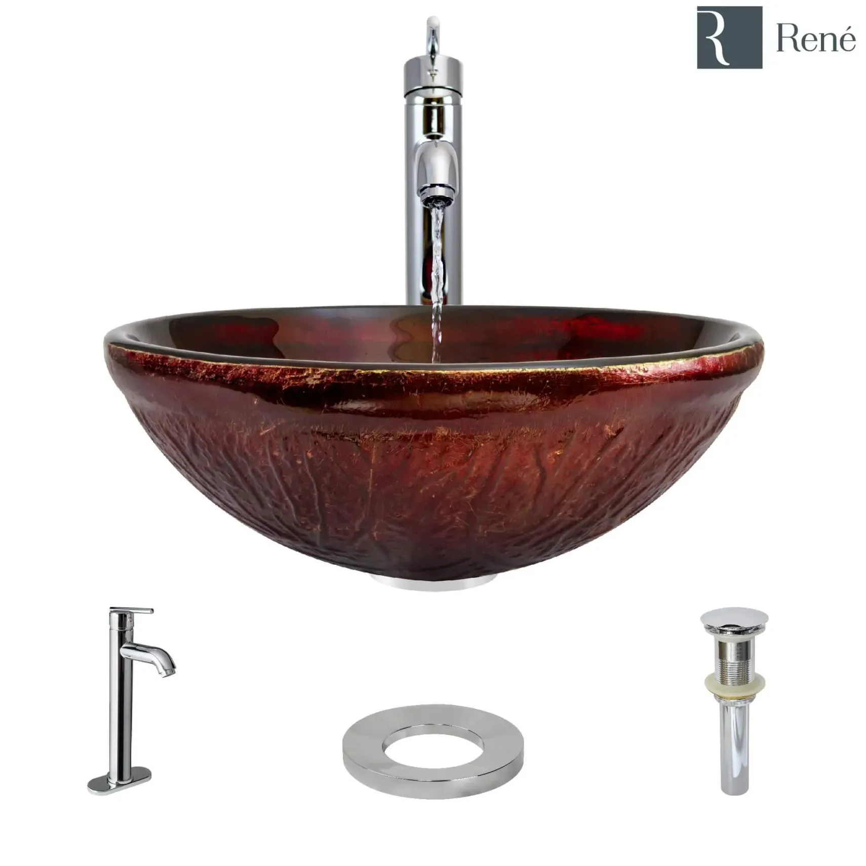 Rene 17" Round Glass Bathroom Sink, Fiery Red, with Faucet, R5-5018-R9-7001-C