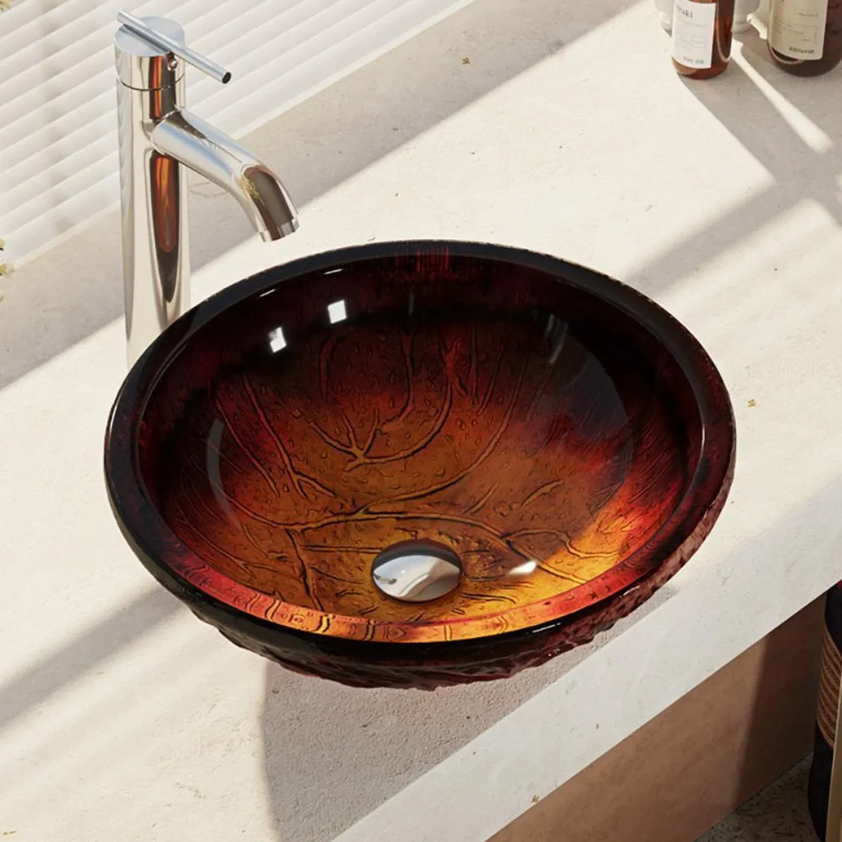 Rene 17" Round Glass Bathroom Sink, Fiery Red, with Faucet, R5-5018-R9-7001-C
