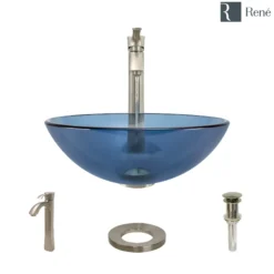 Rene 17" Round Glass Bathroom Sink, Celeste, with Faucet, R5-5001-CEL-R9-7006-BN