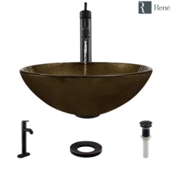 Rene 17" Round Glass Bathroom Sink, Regal Bronze and Earth Tones, with Faucet, R5-5035-R9-7001-ABR