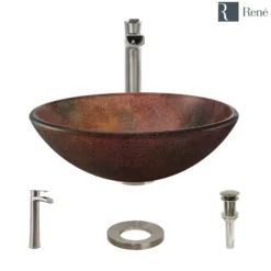 Rene 17" Round Glass Bathroom Sink, Multi-Color, with Faucet, R5-5014-R9-7007-BN