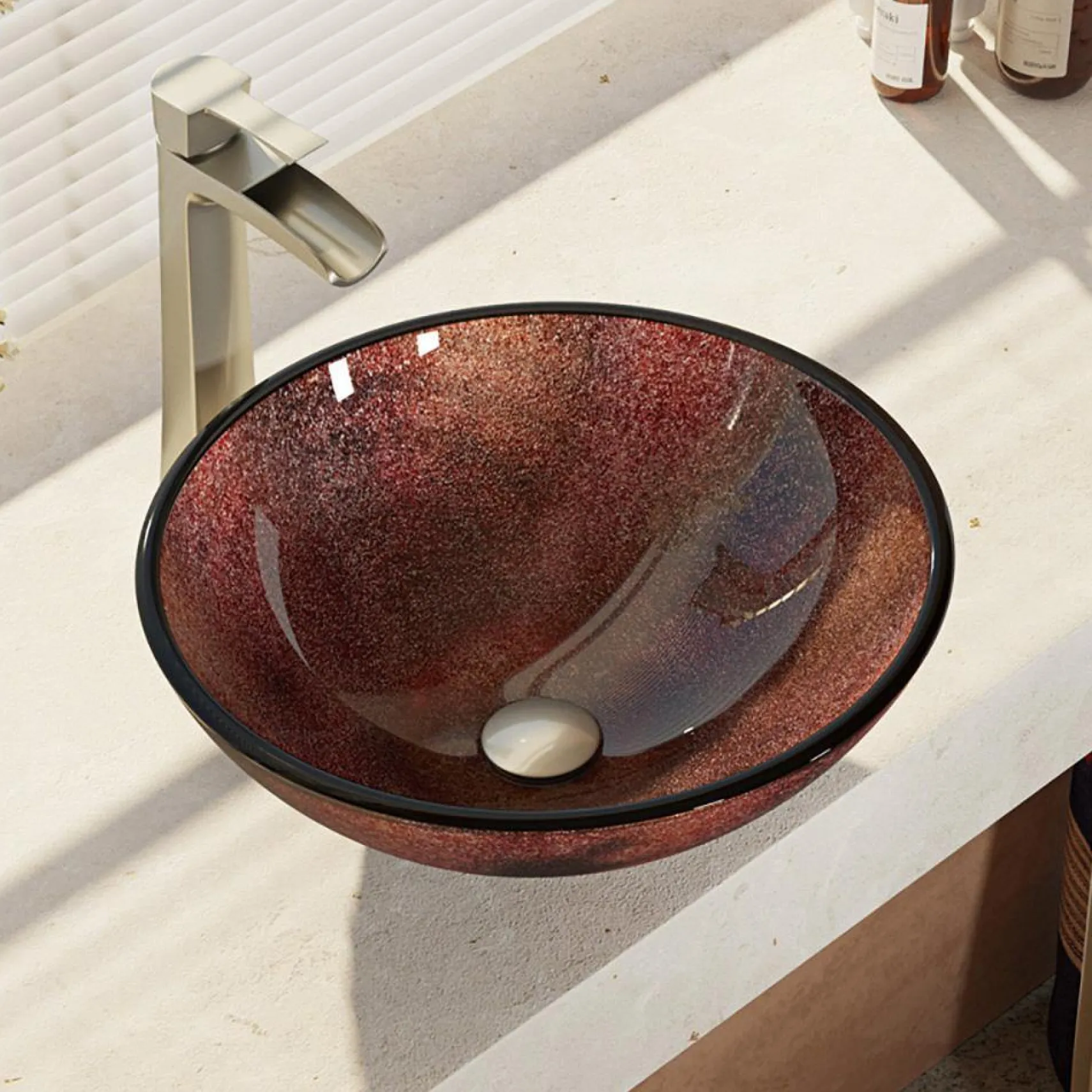 Rene 17" Round Glass Bathroom Sink, Multi-Color, with Faucet, R5-5014-R9-7007-BN