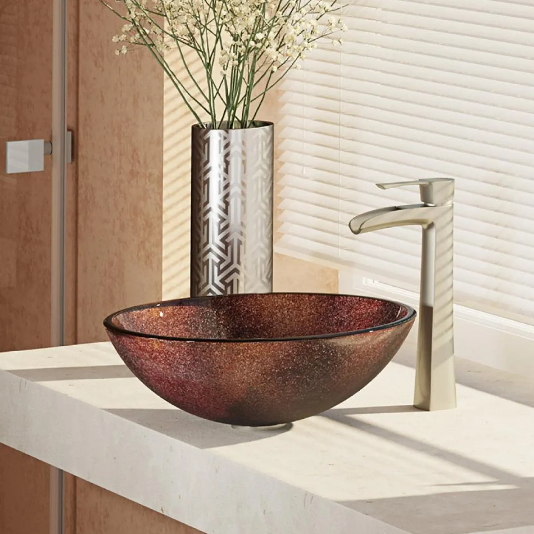 Rene 17" Round Glass Bathroom Sink, Multi-Color, with Faucet, R5-5014-R9-7007-BN
