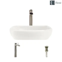 Rene 17" Round Porcelain Bathroom Sink, Biscuit, with Faucet, R2-5011-B-R9-7007-BN