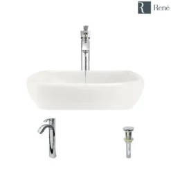 Rene 17" Round Porcelain Bathroom Sink, Biscuit, with Faucet, R2-5011-B-R9-7006-C