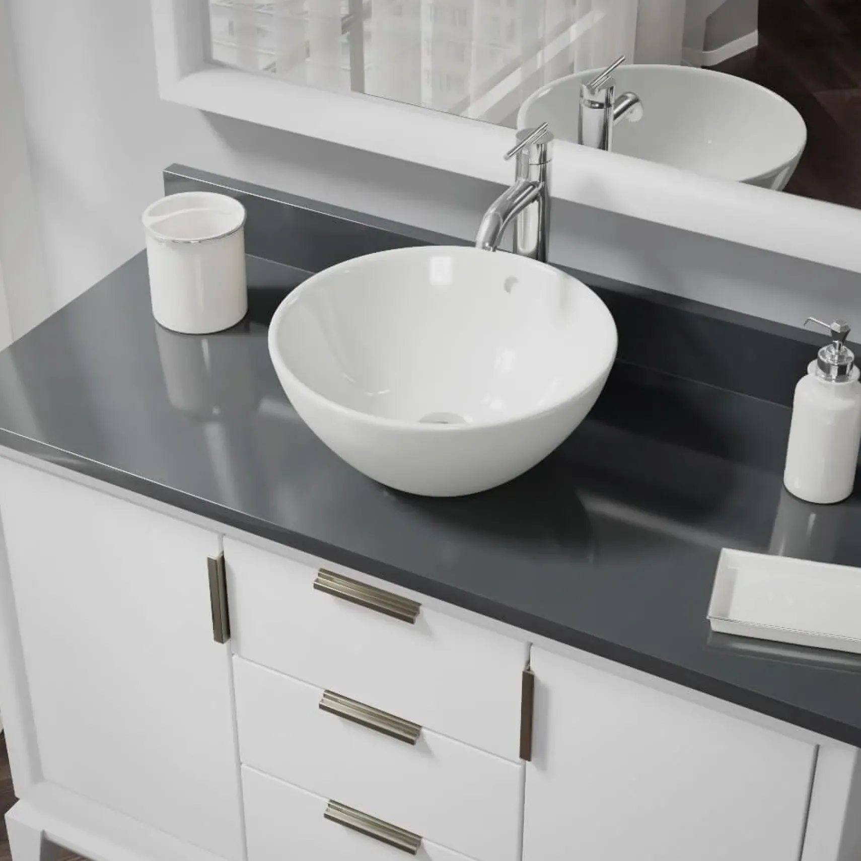 Rene 16" Round Porcelain Bathroom Sink, Biscuit, with Faucet, R2-5031-B-R9-7001-C