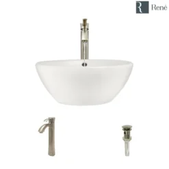 Rene 16" Round Porcelain Bathroom Sink, Biscuit, with Faucet, R2-5031-B-R9-7006-BN