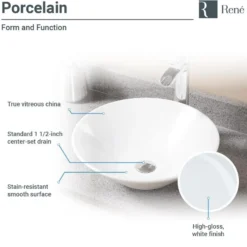 Rene 17" Round Porcelain Bathroom Sink, White, with Faucet, R2-5015-W-R9-7007-C