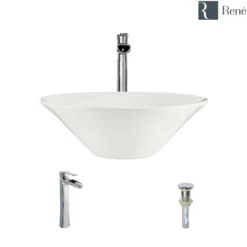 Rene 17" Round Porcelain Bathroom Sink, Biscuit, with Faucet, R2-5015-B-R9-7007-C