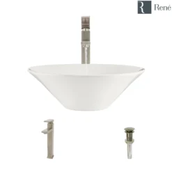 Rene 17" Round Porcelain Bathroom Sink, Biscuit, with Faucet, R2-5015-B-R9-7003-BN
