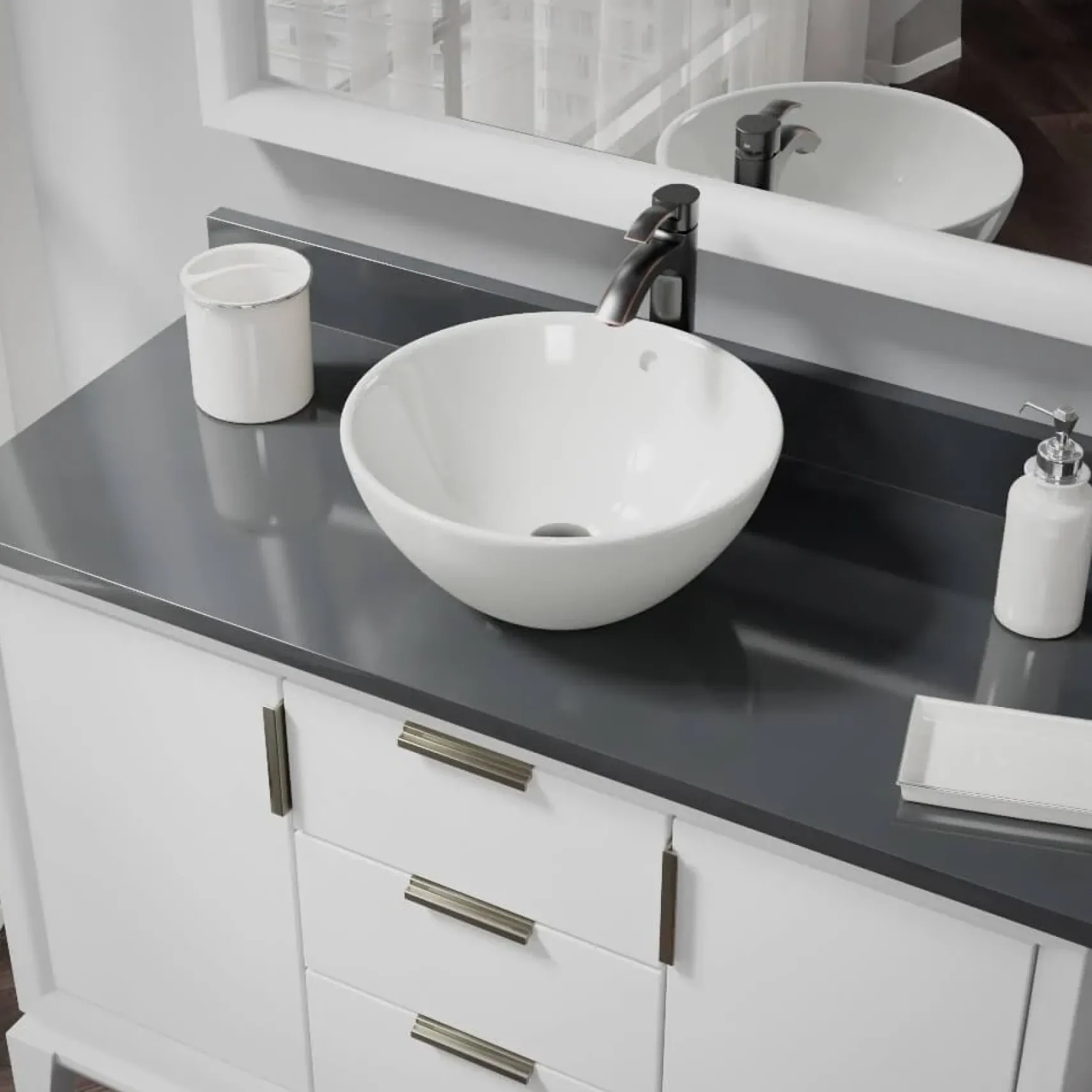 Rene 16" Round Porcelain Bathroom Sink, Biscuit, with Faucet, R2-5031-B-R9-7006-ABR