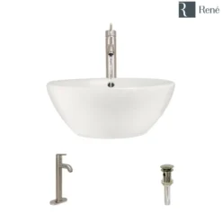 Rene 16" Round Porcelain Bathroom Sink, Biscuit, with Faucet, R2-5031-B-R9-7001-BN