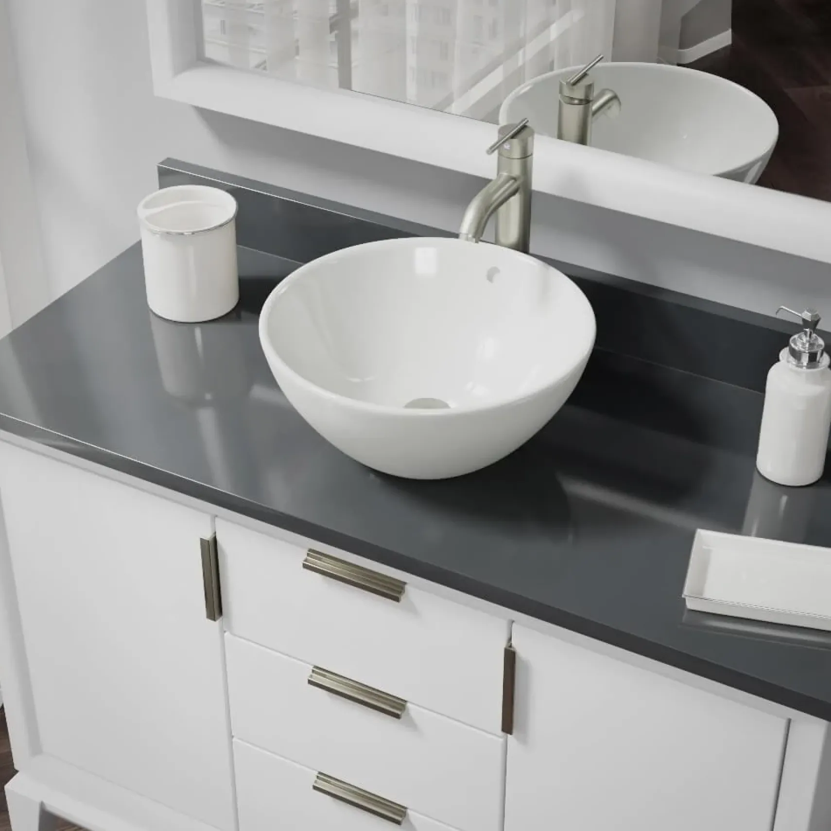 Rene 16" Round Porcelain Bathroom Sink, Biscuit, with Faucet, R2-5031-B-R9-7001-BN