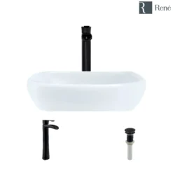 Rene 17" Round Porcelain Bathroom Sink, White, with Faucet, R2-5011-W-R9-7007-ABR