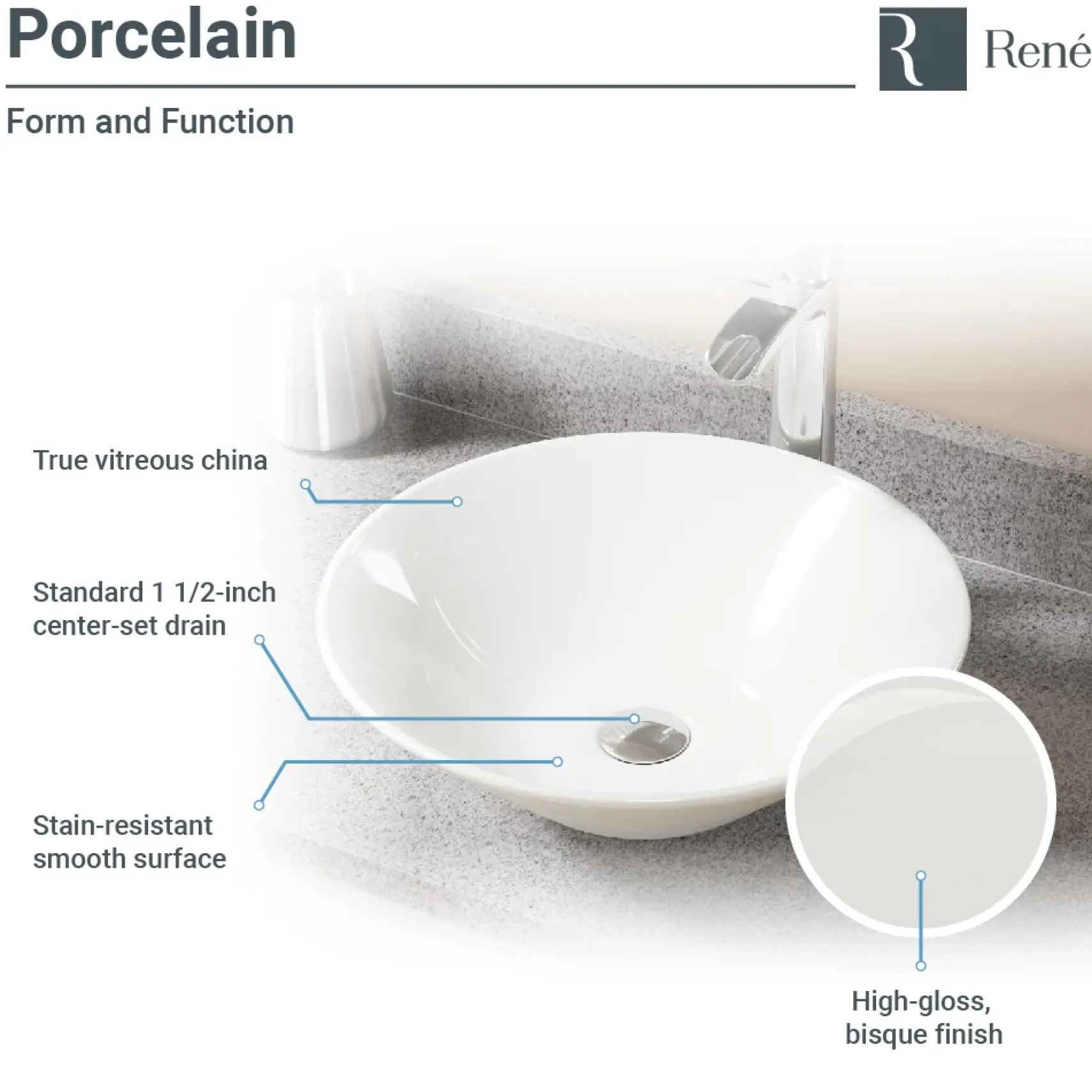 Rene 17" Round Porcelain Bathroom Sink, Biscuit, with Faucet, R2-5015-B-R9-7001-ABR