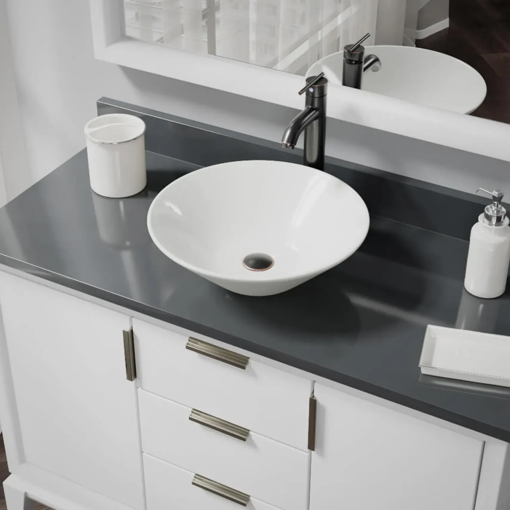 Rene 17" Round Porcelain Bathroom Sink, Biscuit, with Faucet, R2-5015-B-R9-7001-ABR